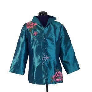 Teal Blue Shiny Asian Floral Embroidered Jacket